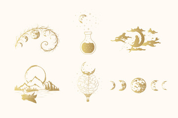 Golden mystical moon collection.  Six hand drawn  vector illustrations for  t-shirt and label