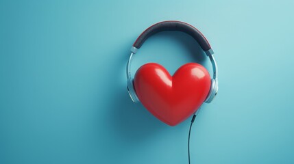 red heart with headphones on blue background, concept: passion for music, copy space, 16:9