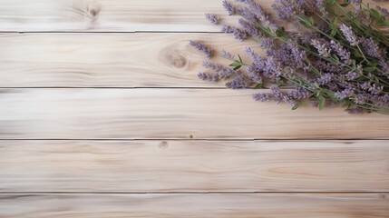 light wood background with some eucalyptus and lavender branches, copy space, 16:9