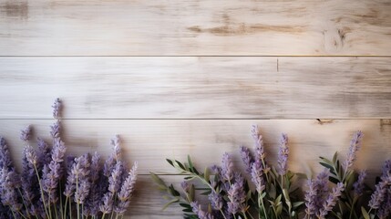 light wood background with some eucalyptus and lavender branches, copy space, 16:9 - obrazy, fototapety, plakaty