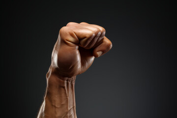 Fototapeta na wymiar Close up of male fist on black background. Strength and motivation concept, copy space