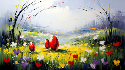 Painting of a spring landscape with flowers and easter eggs.