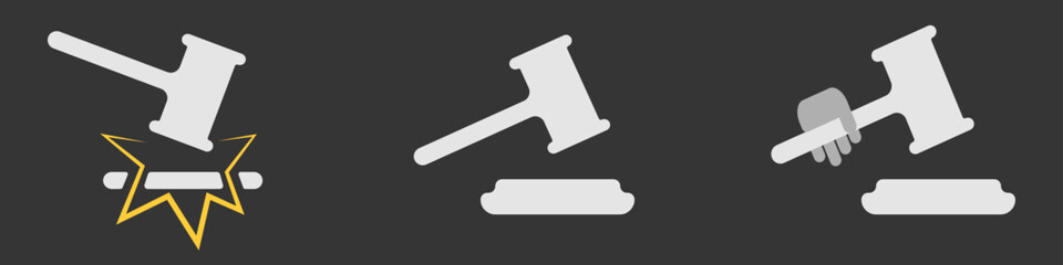 Judge symbol icon set. Judge's gavel. Justice icon set. Legal system concept. Lawyer icon. Vector illustration.