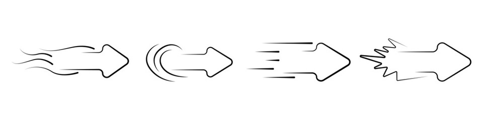 Black arrows vector set. Flight of arrows vector. A set of linear arrows pointing to the right. Direction arrow vector.