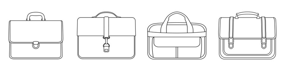 Set of bags vector icons. Business briefcase outline icons set. Men's clutches vector icon set. Rag case. Travel bags vector. Linear set of handbags. Hand luggage symbol.