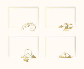 Four celestial rectangular frames with mystical moon compositions. Golden hand drawn vector illustrations for witchcraft, greeting cards and invitations