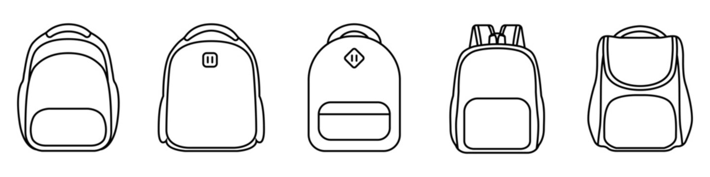 Satchels vector icons set. Linear backpacks set. Vector set of bags for things symbol. Garment bag vector icon set. Outline backpack vector.