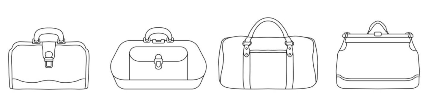 Baggage vector icon set. Leather bag in linear style set. Bag for essentials. Travel bag. Hand luggage vector. Outline bag symbol.