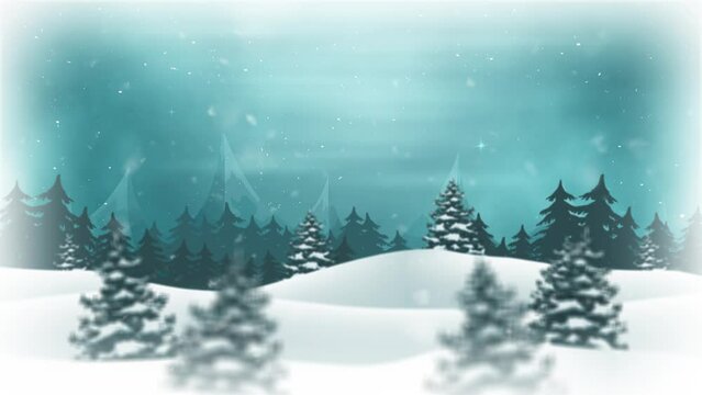 2d Cartoon Christmas And Winter Background/ 4k animation of a 2d christmas and new year holidays landscape, with snowfall and snow for winter season, with parallaxe effect and depth of field blur