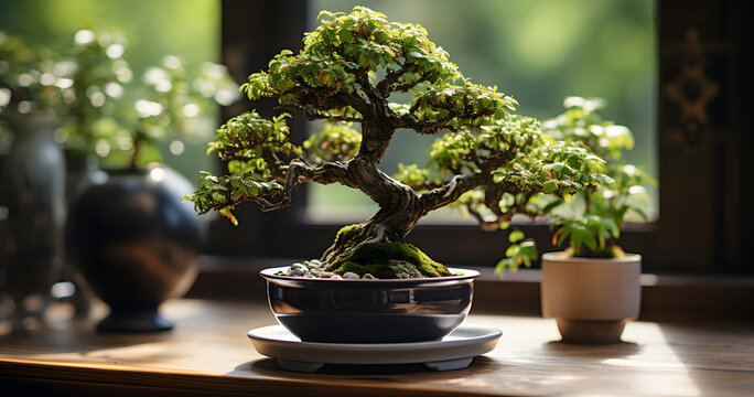 a small bonsai of old tree in a black mug on a wooden table in front of a blurry background of a blurry image of a wall and a window