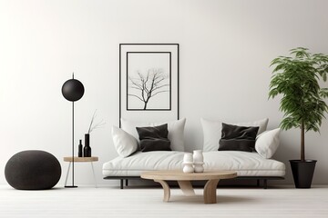 white room with a sofa. Living room interior. Scandinavian interior design. 3d illustration