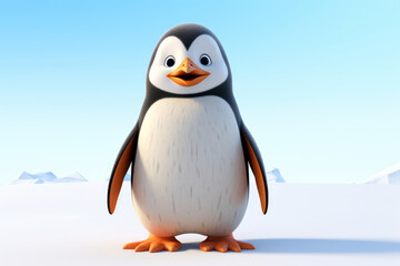 Obraz premium A plump, cartoonish penguin with expressive eyes and a bright orange beak stands on a snowy expanse, mountains faint in the backdrop.
