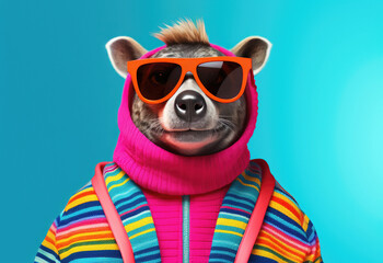 Fototapeta premium Fashion-forward hyena with orange shades and pink hoodie.