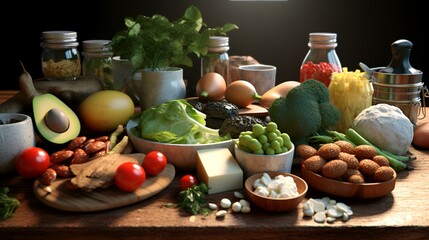 Healthy food ingredients on a wooden table. Balanced diet. 3d render