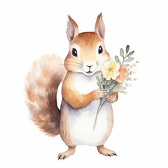 Fototapeta premium Funny Cute Red Squirrel Holding Flower Bouquet. Isolated on white. Spring watercoloor illustration.