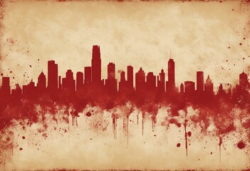 city ​​illustration with red paint, grunge background