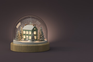 Christmas snow globe on white with house and tree inside 3D illustration