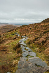 Connemara National Park in Ireland. Scenic drive on N59 route stretches beside the calm ocean water surrounded by mountains. Ireland
