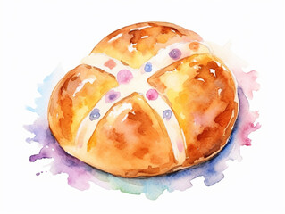Easter Hot Bross Bun. Hand-drawn Watercolor Illustration Isolated on the White Background. Easter holiday dish.