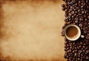 Coffee and Beans Template on top view, Coffee Stained Paper Texture, Brown background