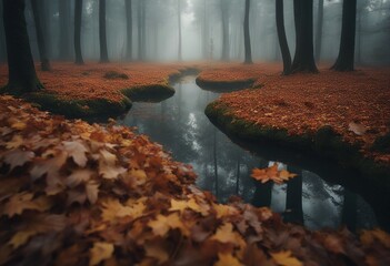 Autumnal Serenity, River Flowing Through the Forest