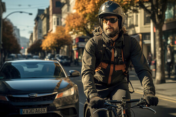 Fototapeta premium A bike courier in the middle of traffic delivering parcels