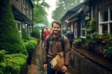 A delivery man delivering leather parcels in the rain.