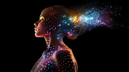 A hologram, multicolored stars, dots - the silhouette of a teenage girl on a black background. Silhouette of a person in the matrix