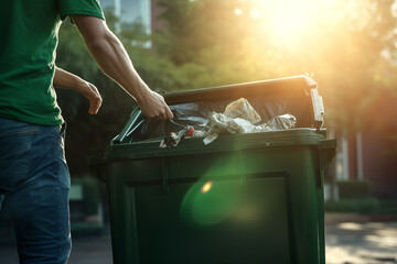 Man throwing garbage in trash bin outdoors, closeup. Recycling concept - obrazy, fototapety, plakaty