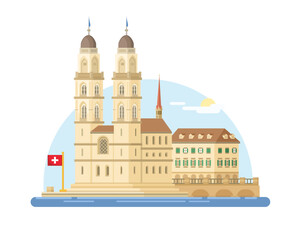 Grossmünster Protestant Church Landmark Building in Zürich, Switzerland Flat Design Vector