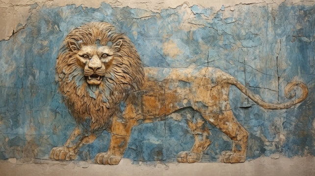 Old wall fresco of lion, cracked vintage Ancient painting of animal on blue background. Damaged artifact of Sumerian or Babylonian culture. Theme of renaissance, art, history, nature