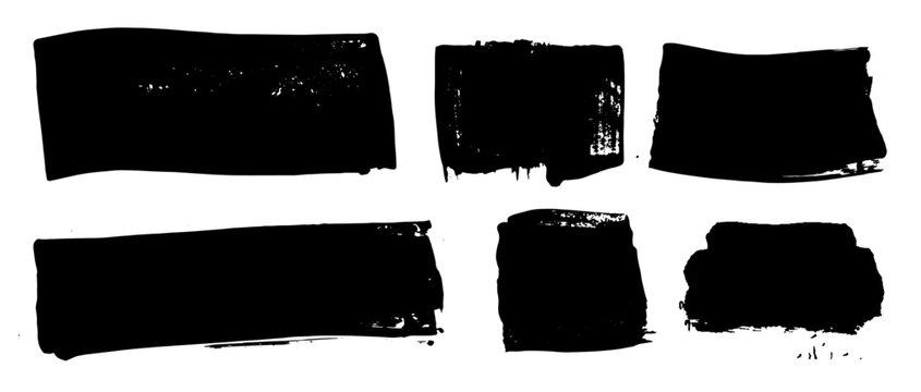 Set de formas hechas con trazos de pintura negra, trazos gestuales reales hechos a mano con formas cuadradas y rectangulares, conjunto de recursos de trazos vectoriales con espacio para textos