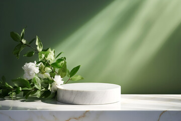 White marble empty podium and jasmine flowers on white marble table with green wall background,...