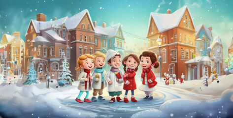 Fototapeta na wymiar happy kids near medical clinic with winter and christmas, happy family in winter