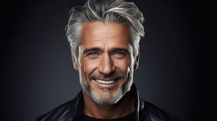 Elderly fashion model with grey full hair, mature and happy smiling man in dark close-up portrait | Generative AI