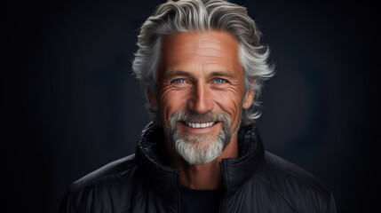 Elderly fashion model with grey full hair, mature and happy smiling man in dark close-up portrait | Generative AI