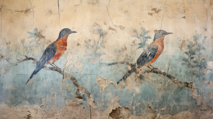 Ancient cracked painting of birds, damaged fresco of animals on old plaster wall. Vintage artifact of past civilization. Theme of fine art, beauty, antiquity, animal, mural and culture