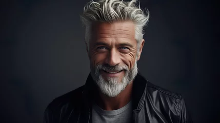 Poster Im Rahmen Elderly fashion model with grey full hair, mature and happy smiling man in dark close-up portrait   Generative AI © DigitalDreamscape