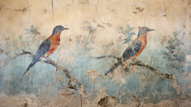 Ancient cracked painting of birds, damaged fresco of animals on old plaster wall. Vintage artifact of past civilization. Theme of fine art, beauty, antiquity, animal, mural and culture