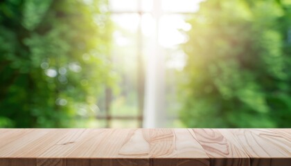 Empty of wood table top on blur of curtain window