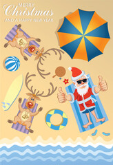 Santa Claus and Reindeer sunbathing on the beach