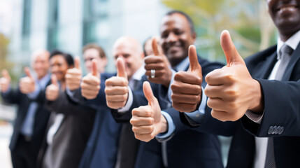 business, people, gesture and teamwork concept - group of happy african american businesspeople showing thumbs up over office building background