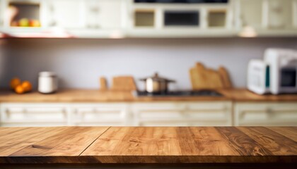 Empty of wood table top on on blurred kitchen counter background - Powered by Adobe