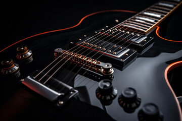 Fototapeta na wymiar Czaran electric guitar close-up, close-up. Black electric guitar on a black background. Copy space