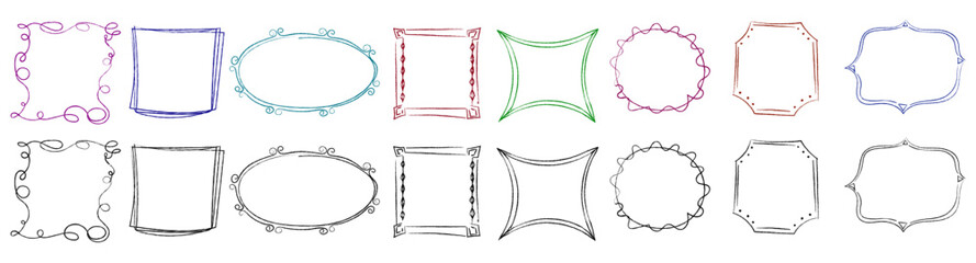 Doodle decoration frames set. Black geometric sketch frame banner for art and photo design with vintage trendy vector ornament