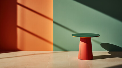 Pedestal in colorful room with shadows on the wall. Rich colored podium scene for product display