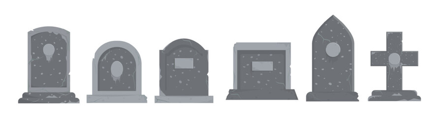 Tombstones and monuments set. Geometric grave memorials for dead with blank plaques for names and vector burial photos