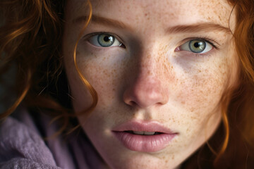 Intense gaze of a freckled redhead woman with soulful eyes.