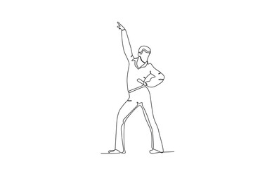 Single continuous line drawing of A man wearing retro clothes from the 70_s. that 70 year style. Minimalism concept one line draw graphic design vector illustration.
