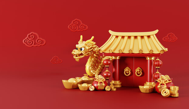 3d render of Chinese gate with gold dragon and money bag for Happy Chinese new year 2024 on red background.